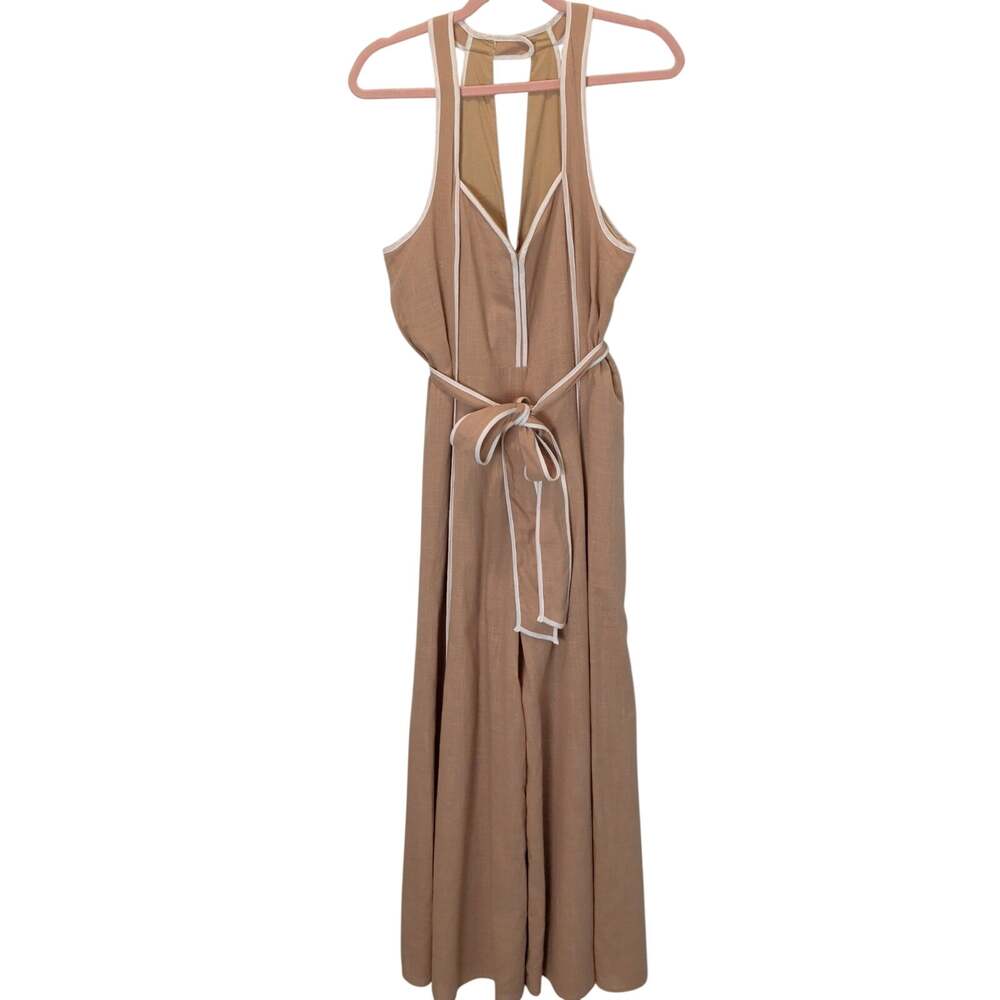 Lalavon Women's Sz M Tan Super Wide Leg Halter Jumpsuit Belted Keyhole Cotton
